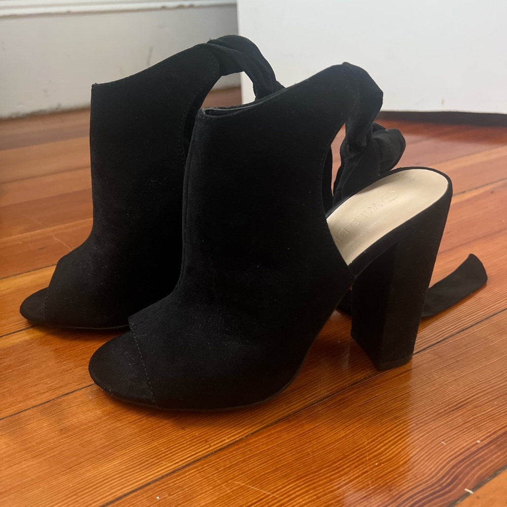 Black suede ankle heels with tie up back detail #heels